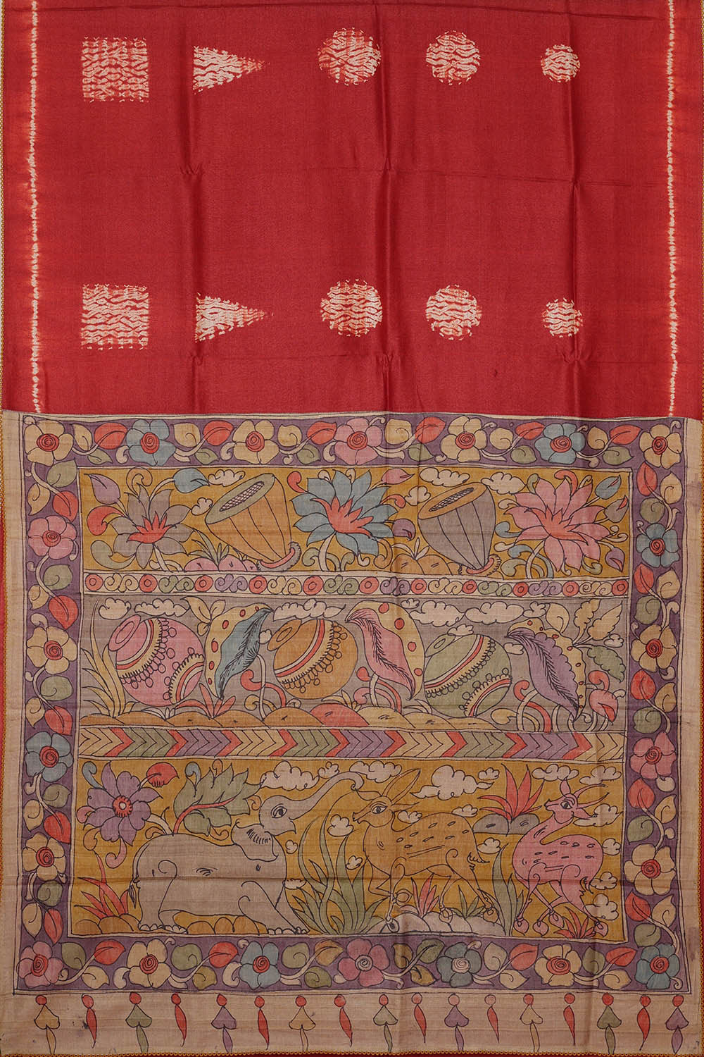 Image of Printed Tussar Dark Red Saree